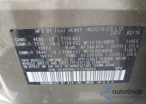 2015 Subaru Outback 2.5I Limited from USA, damaged, VIN 4S4BSANC1F3296693